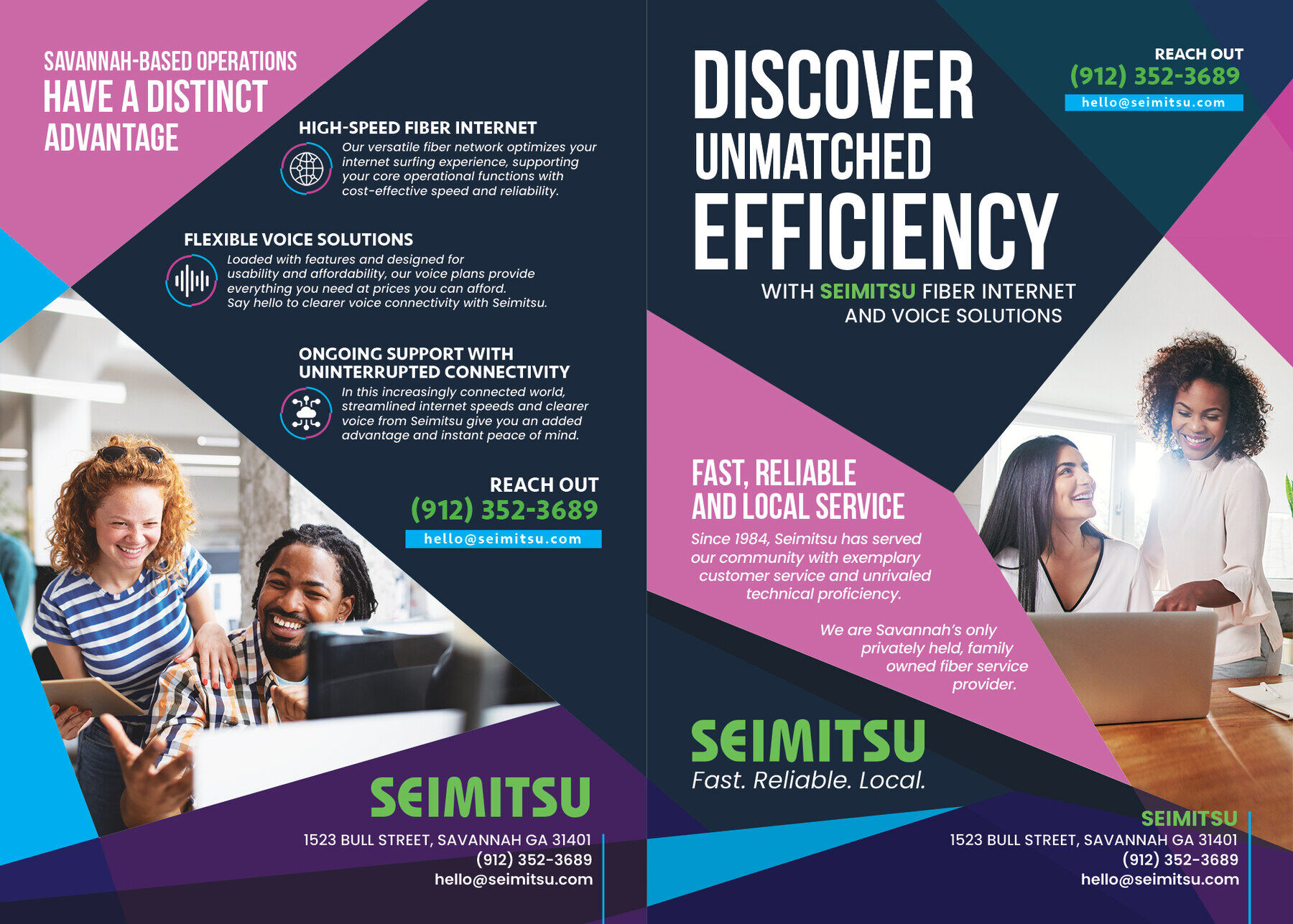 Seimitsu fiber internet and voice brochure, two-page spread